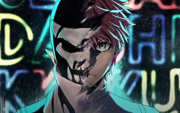 HD PC desktop wallpaper and background: split-faced anime character—one side human, one side skull—against neon graffiti; caption Go! Go! Loser Ranger!