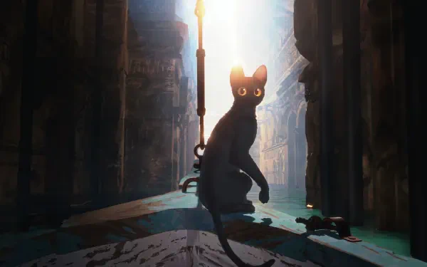 A sleek black cat with glowing eyes stands in a dim alleyway illuminated by a tall light, captured in the 4K Ultra HD PC desktop wallpaper Flow (2024).