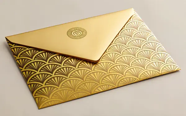 A decorative gold envelope with a fan pattern, featuring a circular seal, displayed as a 4K Ultra HD PC desktop wallpaper and background.