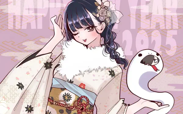 Anime HD PC desktop wallpaper of Anna Yamada from The Dangers in My Heart, in a floral kimono with fur collar, smiling beside a playful white snake against a pink New Year 2025 background.
