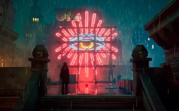 A captivating 4K Ultra HD wallpaper featuring a neon-lit scene from the video game Sleight of Hand, showcasing vibrant colors against a rainy urban backdrop.