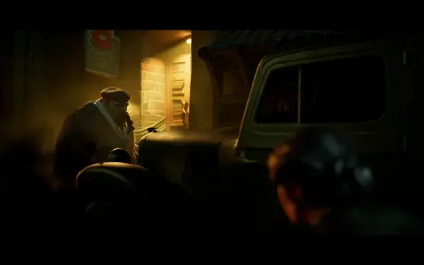 A dramatic scene from the video game Sleight of Hand, featuring a shadowy figure approaching a lit doorway, set against a backdrop of tension and intrigue. 4K Ultra HD wallpaper.