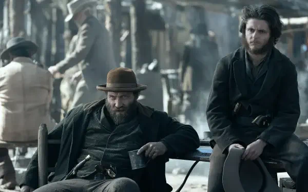 A gritty scene from the TV show *American Primeval*, featuring two rugged men sitting together in a dusty, old western setting, embodying a tense atmosphere of the era.