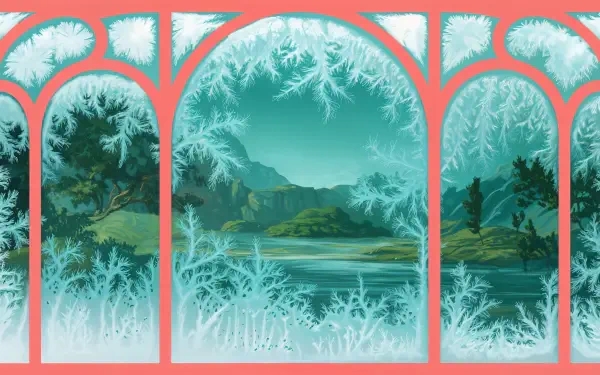 A frosty window scene featuring delicate ice patterns, showcasing a serene landscape with hills and a river beyond, designed as a 4K Ultra HD PC desktop wallpaper.