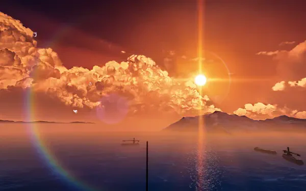 A breathtaking 8K Ultra HD PC desktop wallpaper featuring golden sunset waves and dramatic clouds, capturing the essence of Wuthering Waves.