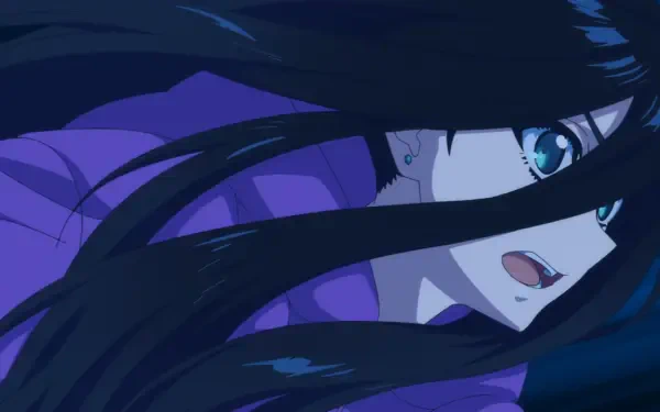 HD anime desktop wallpaper featuring an intense close-up of a character with long dark hair and bright blue eyes, created by Zenshu and Natsuko Hirose.