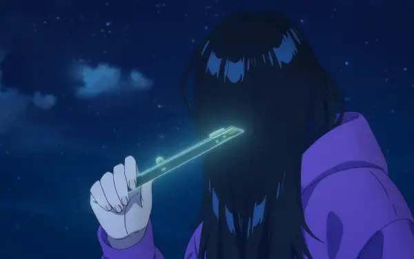 HD anime desktop wallpaper featuring a dark-haired character from Zenshu by Natsuko Hirose, holding a glowing object against a night sky backdrop.