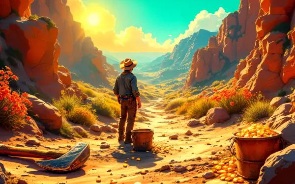A gold miner stands in a vibrant canyon at sunrise, surrounded by golden treasures and colorful flora, captured in stunning 4K Ultra HD for a captivating desktop wallpaper.