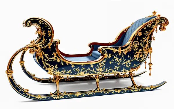 A beautifully ornate sleigh, featuring intricate gold detailing and a rich blue interior, set against a clean backdrop, showcased as a 4K Ultra HD desktop wallpaper.