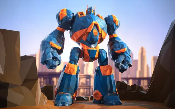 A giant robot stands prominently against a city skyline, rendered in vibrant blue and orange colors, making an impressive 4K Ultra HD PC desktop wallpaper and background.