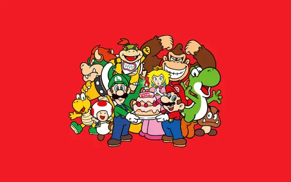 4K Ultra HD PC desktop wallpaper: Super Mario cast (Mario, Luigi, Peach, Yoshi, Toad, Bowser Jr., Donkey Kong, Koopa, Goomba) clustered around a cake on a red background.