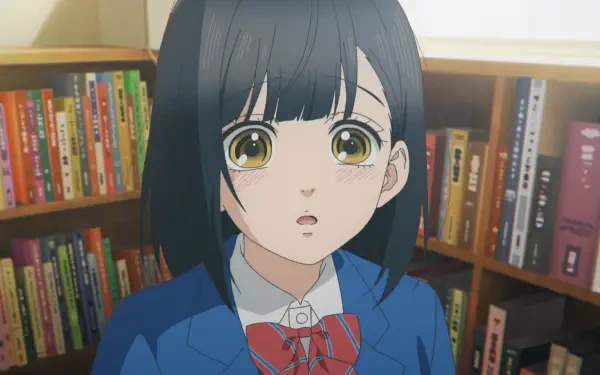 HD anime desktop wallpaper featuring Uka Ishimori from Honey Lemon Soda, showcasing her expressive eyes and dark hair against a background of colorful bookshelves.