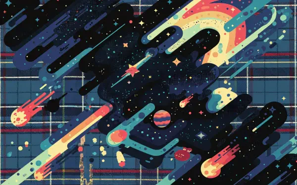 Colorful flannel-themed wallpaper featuring a cosmic design with planets, stars, and comet trails, set against a dark plaid background. A vibrant 4K Ultra HD desktop backdrop.