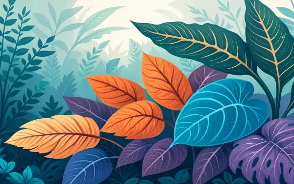 Vibrant digital foliage featuring colorful leaves in shades of orange, blue, and purple, set against a lush green background. A stunning 4K Ultra HD desktop wallpaper.