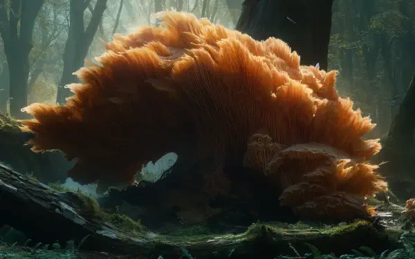 A stunning 4K Ultra HD image of a lion's mane mushroom, featuring its vibrant orange hues against a serene forest backdrop, capturing the beauty of nature.