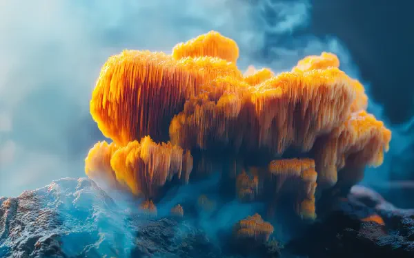 A striking 4K Ultra HD desktop wallpaper featuring a lion's mane mushroom, showcased against a misty blue background, highlighting its vibrant, textured orange strands.