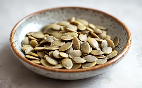 A close-up of roasted pumpkin seeds in a rustic bowl, showcasing their creamy color and texture. This vibrant image serves as a 4K Ultra HD desktop wallpaper and background.