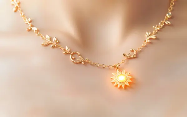 A close-up of an elegant gold necklace featuring intricate leaf designs and a sun-shaped pendant, set against a soft background, presented as a 4K Ultra HD desktop wallpaper.