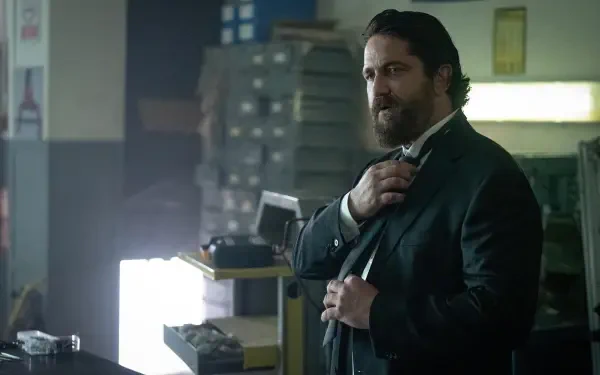 A dramatic scene from Den of Thieves 2: Pantera, featuring Gerard Butler in a stylish suit, set against a backdrop of dimly lit office furniture and equipment.