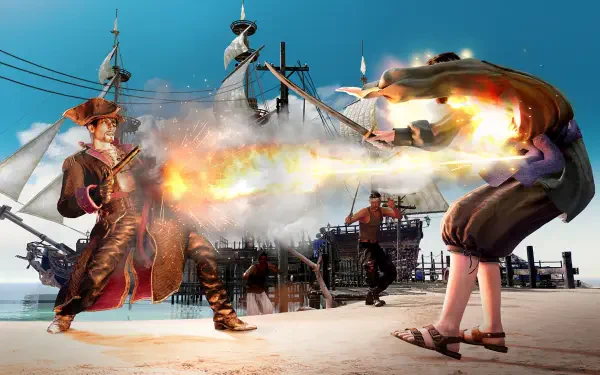 A dramatic scene from the video game Like a Dragon: Pirate Yakuza in Hawaii, featuring a fiery duel between two characters against a backdrop of pirate ships and clear blue skies.