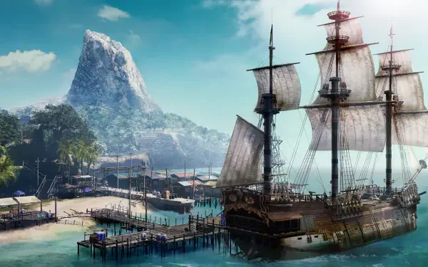 A stunning HD wallpaper from the video game Like a Dragon: Pirate Yakuza in Hawaii, featuring a majestic pirate ship anchored near a vibrant coastal landscape and a towering mountain.