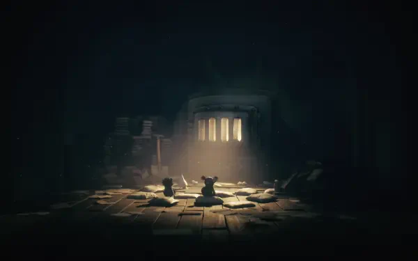 A dark, atmospheric scene from Little Nightmares III, featuring two figures surrounded by scattered papers and illuminated by eerie light, set against a haunting background.
