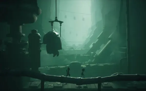 A haunting scene from Little Nightmares III, showcasing two small characters navigating a dim, eerie landscape filled with mysterious machinery in 4K Ultra HD.