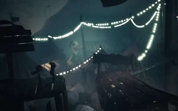 A dark and atmospheric scene from Little Nightmares III, featuring eerie lighting with strings of lights and a mysterious figure amidst scattered debris, creating a haunting backdrop.