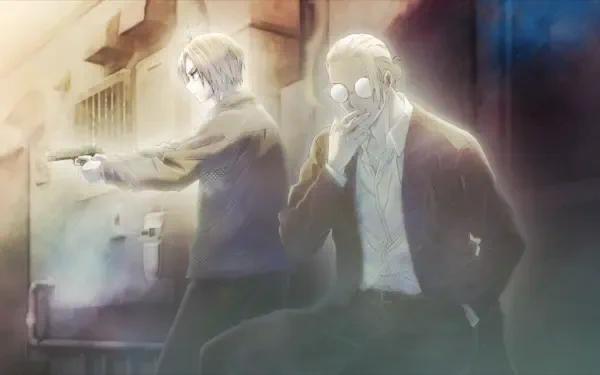 HD anime desktop wallpaper featuring Taro Sakamoto and Shin from Sakamoto Days in an intense, atmospheric scene.