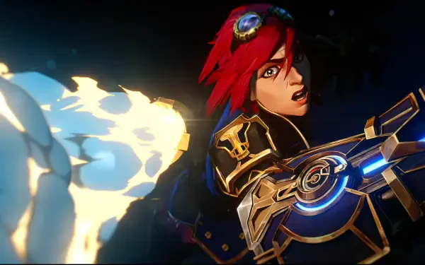A dynamic HD wallpaper featuring VI from the TV show Arcane, showcasing her fierce expression and unique weapon as she prepares for battle.