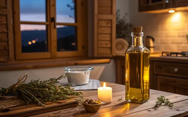 A cozy kitchen scene featuring a glass bottle of olive oil, a candle, herbs, and a bowl of nuts, all set against a warm, inviting backdrop with wooden accents. 4K Ultra HD wallpaper.