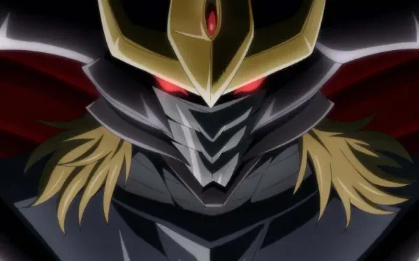 A striking HD wallpaper featuring a character from the anime Headhunted to Another World. The imposing figure wears a detailed armor with a majestic crown and glowing red eyes.