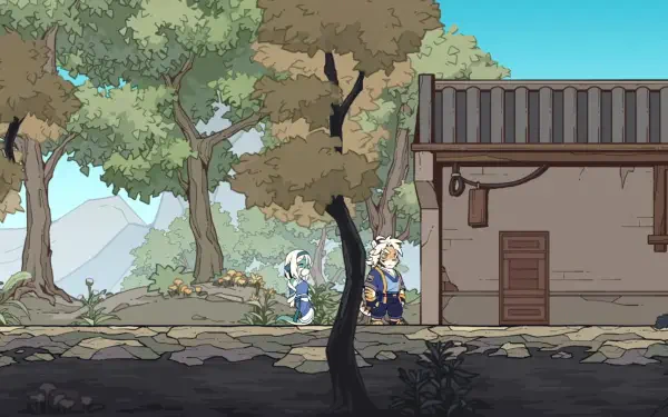 A vibrant HD wallpaper from the video game Threefold Recital, showcasing characters in a scenic forest setting with lush trees and a quaint building.