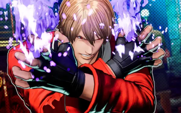 HD PC desktop wallpaper showcasing a character from the video game Fatal Fury: City of the Wolves, with dynamic purple energy effects and intense expression.