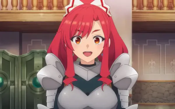 A vibrant anime character with red hair, wearing armor, smiles cheerfully in a medieval setting. This HD wallpaper features art from I Left My A-Rank Party to Help My Former Students Reach the Dungeon Depths!