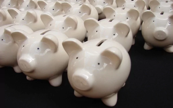 Rows of white man-made piggy banks form a repeating pattern, creating a visually striking HD PC desktop wallpaper with a focus on the pig motif.