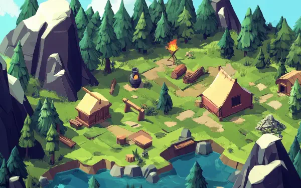 An isometric view of a vibrant RPG village, featuring wooden structures, a campfire, and surrounded by lush trees and mountains, creating a serene landscape. HD wallpaper for desktop use.