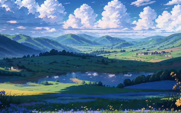 A vibrant AI-generated landscape featuring rolling green hills, a reflective river, and a bright blue sky with fluffy clouds, rendered in 4K Ultra HD for PC desktop wallpaper.