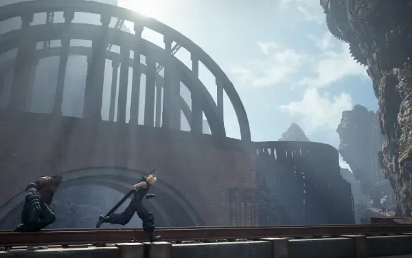 A dynamic scene from Final Fantasy VII Rebirth, featuring characters running through a stunning landscape with dramatic lighting, set against a backdrop of towering structures and mountains.