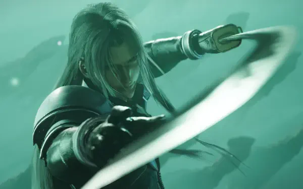 A dramatic 4K Ultra HD wallpaper featuring Sephiroth from Final Fantasy VII Rebirth, showcasing his iconic look and poised with his signature sword against a muted green background.