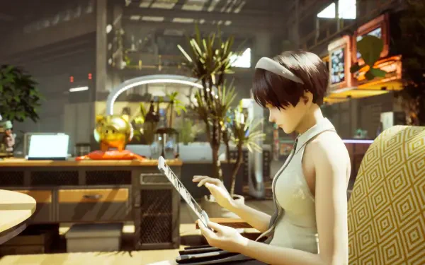 A character from the video game SYNDUALITY Echo of Ada engages with a tablet in a vibrant, modern setting filled with plants and tech, creating a captivating HD PC desktop wallpaper.