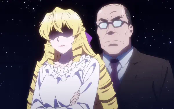 Anime scene from From Bureaucrat to Villainess: Dad's Been Reincarnated! featuring a blonde character with arms crossed and a stern man in glasses behind her against a starry backdrop.