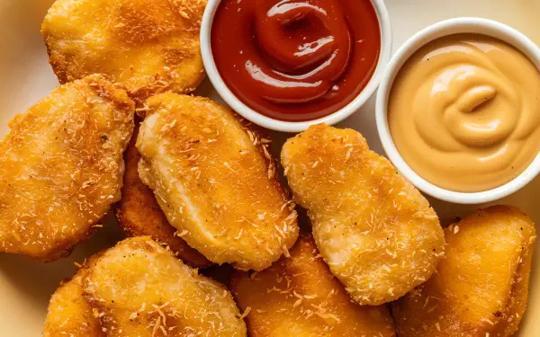 A close-up view of crispy chicken nuggets served with ketchup and a creamy dipping sauce, featured as a vibrant 4K Ultra HD desktop wallpaper.