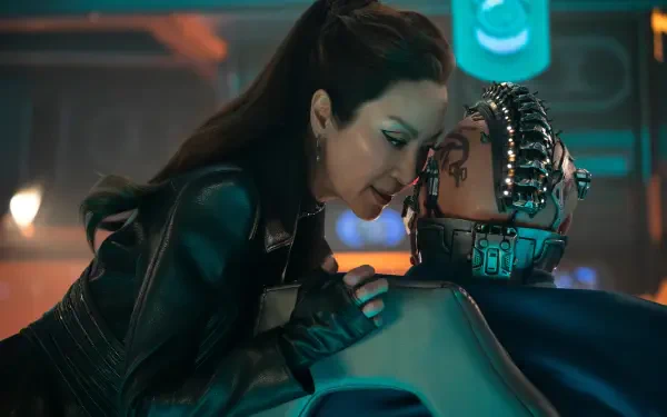 A scene from Star Trek: Section 31 featuring Michelle Yeoh in a futuristic setting, engaging with a character with cybernetic implants, captured in vibrant 4K Ultra HD.