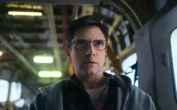 A dramatic HD wallpaper featuring Topher Grace in the movie Flight Risk, showcasing a tense moment inside an aircraft. The interior is lit with a greenish hue, enhancing the suspense.