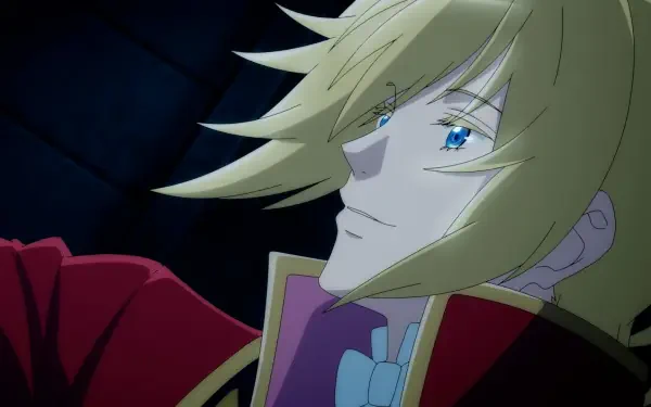 Anime wallpaper from I Want to Escape from Princess Lessons, featuring a character with long blonde hair and striking blue eyes, dressed in royal attire against a dark background.