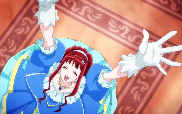 A vibrant HD anime wallpaper from I Want to Escape from Princess Lessons, featuring a joyful character in blue attire, reaching out with a cheerful expression.