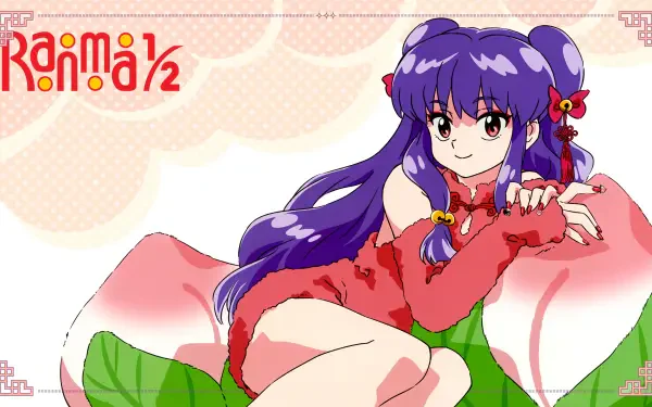 Anime HD PC wallpaper of Shampoo (Ranma ½) from Ranma ½, reclining on a pink petal in a red cheongsam, long purple hair and a playful smile, Ranma ½ logo in the corner.