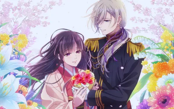 HD anime desktop wallpaper featuring Miyo Saimori and Kiyoka Kudou from My Happy Marriage, surrounded by vibrant flowers and cherry blossoms.