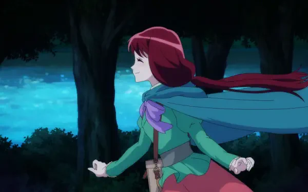 A vibrant anime scene from I Want to Escape from Princess Lessons, featuring a girl with flowing red hair running joyfully against a serene, moonlit background. Enjoy as a HD PC wallpaper.